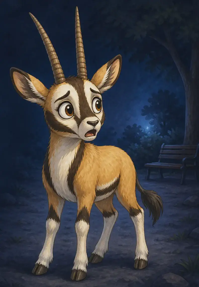 A dark, moonless and starless night in the park. Calixto stands alone, eyes wide with fear, ears alert as if hearing something. A faint, eerie glow suggests the unseen voice speaking from the shadows — but the ghost is NOT visible on this page (it appears on the next page). Calixto is the focus.