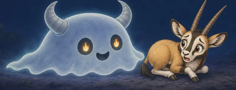 Calixto, a frightened young gazelle with long ribbed horns, crouches low on the ground on the right, looking back anxiously at a semi-transparent ghost beside him. The ghost is a low, rounded blob hugging the ground on the left, about the same size as Calixto, with big curved grey horns, fiery eyes (small soft flames — readable, not frightening for young children), and a small friendly open-mouthed smile. Dark park night under a deep blue sky.