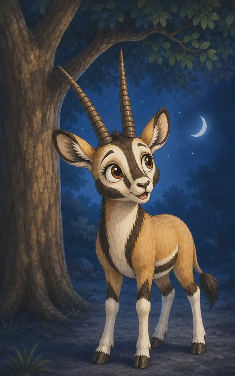 Calixto stands beside a sturdy tree at night, listening. His expression is beginning to calm — the soft voice is reassuring. The speaker (Zulma) is NOT yet visible — perhaps just a small shape hidden in the tree's branches, or off-page. Mood: hushed, comforting night.