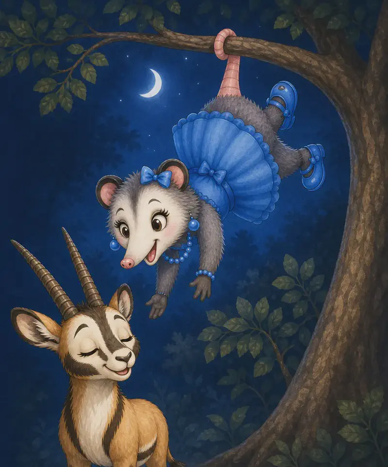 The reveal of the soft voice's owner: Zulma the opossum hangs upside-down from her tail on a branch above where Calixto stood. Her expression is kind and reassuring. The mood is gentle moonlight calm. Calixto may also appear, eyes now closing peacefully.