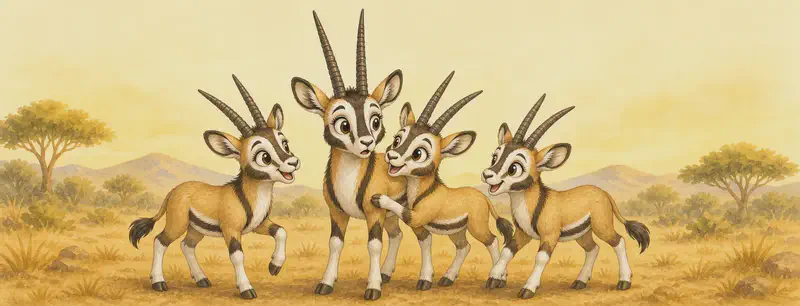 Morning light. Calixto is joined by his three oryx siblings, who have just found him. They look relieved and happy to see him. The four oryxes are grouped together, with Calixto in the middle as the focus. Mood: warm reunion.