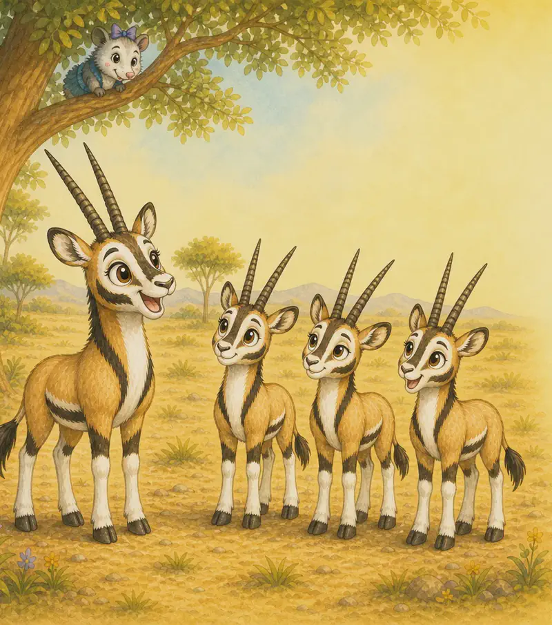 Daytime in the park. Calixto enthusiastically tells his story to his three siblings, gesturing with great excitement (perhaps gesturing toward the tree above). The siblings look skeptical, amused, raising eyebrows — they do not believe him. Zulma may be subtly visible in the tree branches in the background, but the focus is the lively conversation.