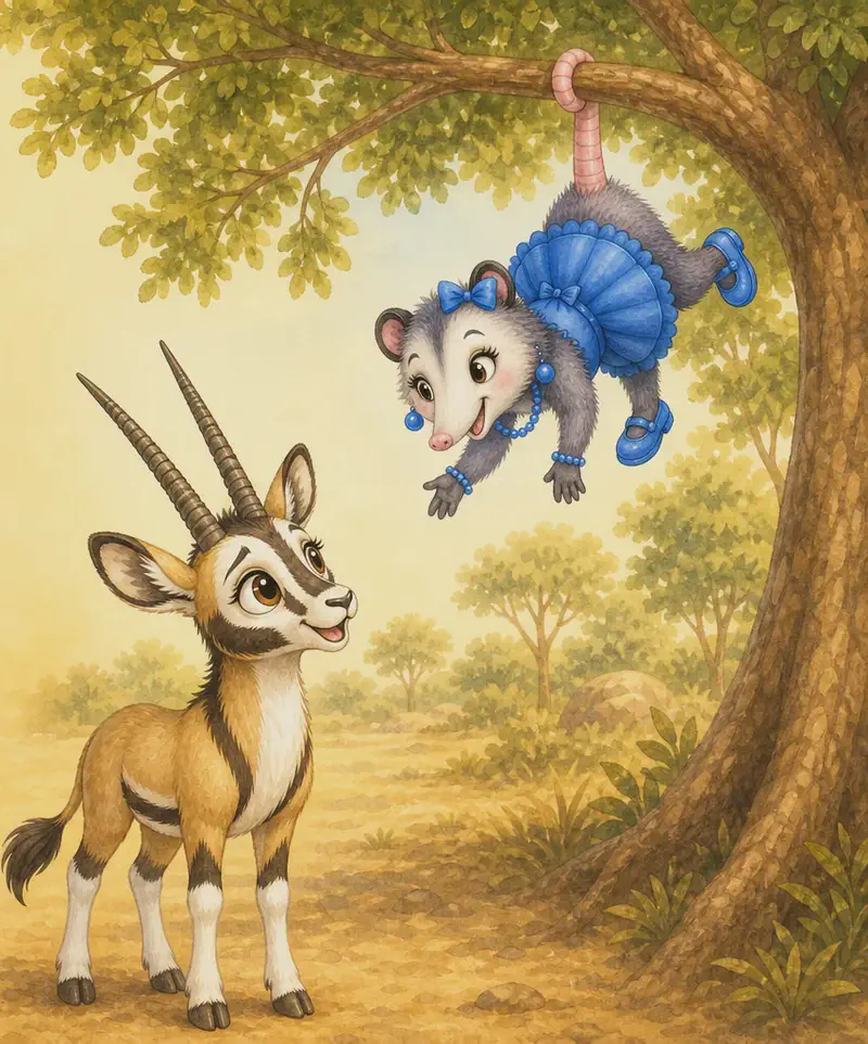 Calixto looks up toward a tree where Zulma hangs from her tail, gently smiling at him. Calixto returns a small grateful, knowing smile. The mood is warm and quietly affirming — Calixto knows the truth. Closing-page mood.