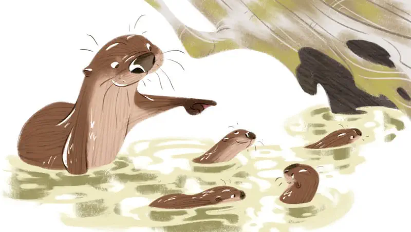 Mother otter points and teaches her three pups to swim in murky river water near a rocky bank.