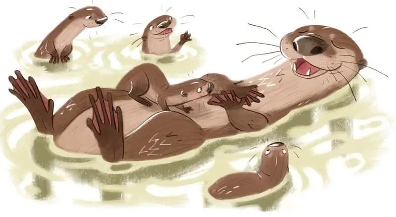 Happy mother otter floats on her back with one pup on her belly while three other pups swim around her.