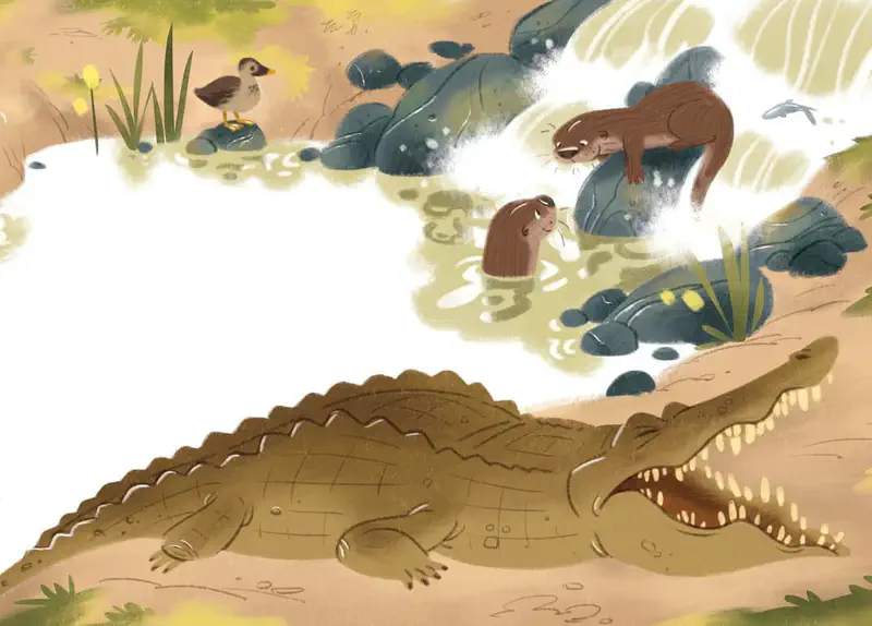 Two otters swim near rocks by a waterfall while a crocodile with open jaws rests on the sandy riverbank below.