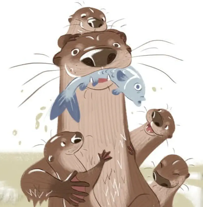 Mother otter holds a fish in her mouth while her five pups cling to her and gather around excitedly.