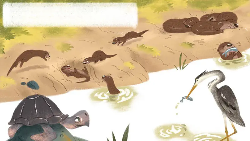 Peaceful riverbank scene with otter family playing, resting, and eating fish alongside a turtle and heron.