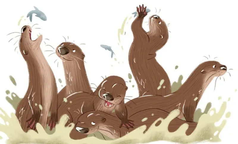 Joyful otter family splashes together in the water, catching fish with mouths open and paws raised high.