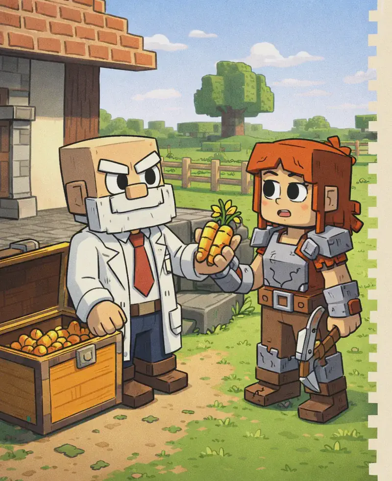 This is a Minecraft-style illustration. On the left side of the image, Dr. Can Do — a blocky character with a cube-shaped head, light beige skin, white bushy eyebrows, a thick white mustache, and small dark eyes — is standing near an open chest, holding golden carrots and passing them toward Jill. He wears a white lab coat over a white dress shirt with a red necktie, dark brown belt, dark navy-blue pants, and dark brown shoes. Jill stands beside him looking tired and roughed up, with shoulder-length auburn/copper-orange hair and a side-swept fringe, large round dark eyes, and light skin. She wears cracked, battle-worn armour over her bright orange sleeveless top, with her grey-and-brown pickaxe slung at her side. The scene is set outdoors during daytime in front of a brick-and-stone house, with green grass, wooden fences, and blocky trees in the background. The right ~40% of the image is a plain beige/parchment area reserved for text overlay.
