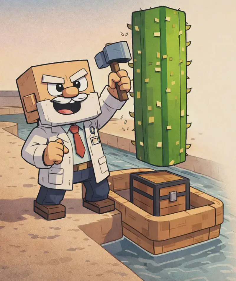 On the left side of the image, Dr. Can Do — a blocky, cube-headed character with light beige skin, white bushy eyebrows, a thick white mustache, and small dark eyes — stands beside a tall cactus in an outdoor desert setting, holding a mallet raised mid-swing with a determined, laughing expression, about to knock down the cactus. He wears a white lab coat with an ID badge clipped to the chest pocket, over a light shirt with a red necktie, dark brown belt, dark navy-blue pants, and dark brown shoes. Below the cactus, a wooden boat floats in a water-filled trough, with a wooden chest placed inside the boat, positioned directly beneath the cactus so the pieces will tumble into the chest when it falls. The water-filled trough stretches into the distance. The right side of the image is plain background reserved for text.