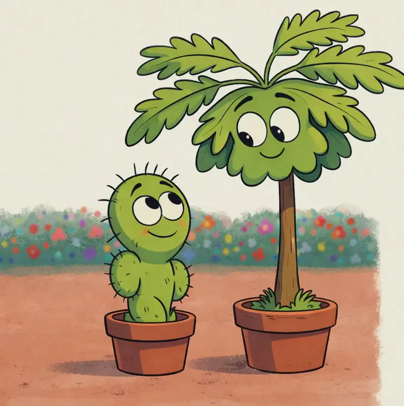 On the left side of the image, Spike stands in his terracotta pot looking up at Pawpaw tree with a hopeful, slightly shy expression. Pawpaw tree, also in a terracotta pot, towers over Spike and looks down at him with a calm, knowing expression. Pawpaw tree has a straight slender brown trunk, a round green leafy canopy forming its head with large round white eyes, small dark eyebrows, and a subtle smile, with several large lobed green fronds extending outward from the top like hair. They are outdoors in a garden setting with a colorful flower bed visible behind them, and the right side of the image is plain white background.