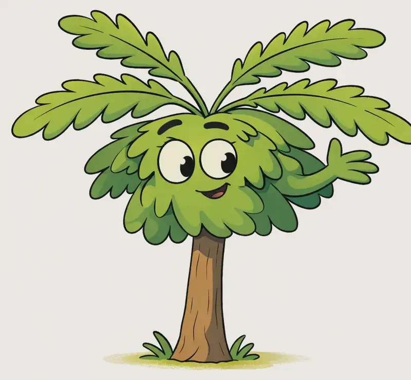 Pawpaw tree stands on the right side of the image with a warm, welcoming smile and gentle eyes, looking slightly downward as if inviting someone closer. The tree's large leafy fronds spread outward like open arms against a plain white background. The scene is set outdoors in bright daylight with a calm, welcoming atmosphere.