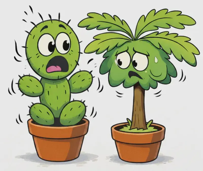 On the left side of the image, Spike stands in his terracotta pot next to Pawpaw tree (also in a pot), both with surprised, wide-eyed expressions. Spike is shaking, mouth open in shock with his small arms raised, and Pawpaw tree looks upset and is trembling, with a worried frown, drooping green fronds, and a single sweat drop on her leafy crown. Motion lines surround both characters, suggesting an agitated reaction. The right side of the image is plain white background.