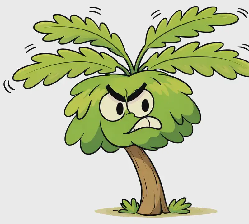 On the right side of the image, Pawpaw tree stands with an angry, furrowed expression, frowning and looking upset, leaning away as if pulling back from someone. Its large leaf fronds are trembling with agitation, indicated by small motion lines above them. The left side of the image is plain white background, leaving ample space for text overlay.