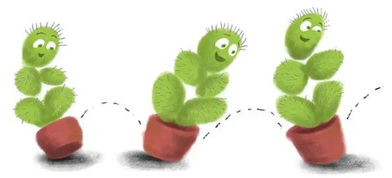 Happy green cactus shown bouncing three times in its terracotta pot, hopping along a dotted path.