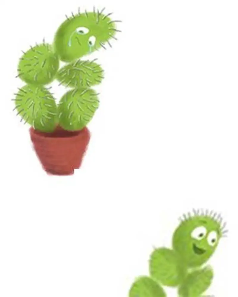 Thoughtful cactus in pot looks down at a small happy cactus below, considering whether to be friends.