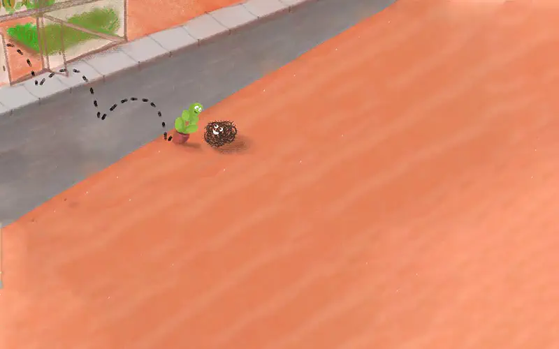 A cheerful green cactus follows a bouncing dotted path across orange sandy terrain to greet a spiky brown tumbleweed near a paved road.
