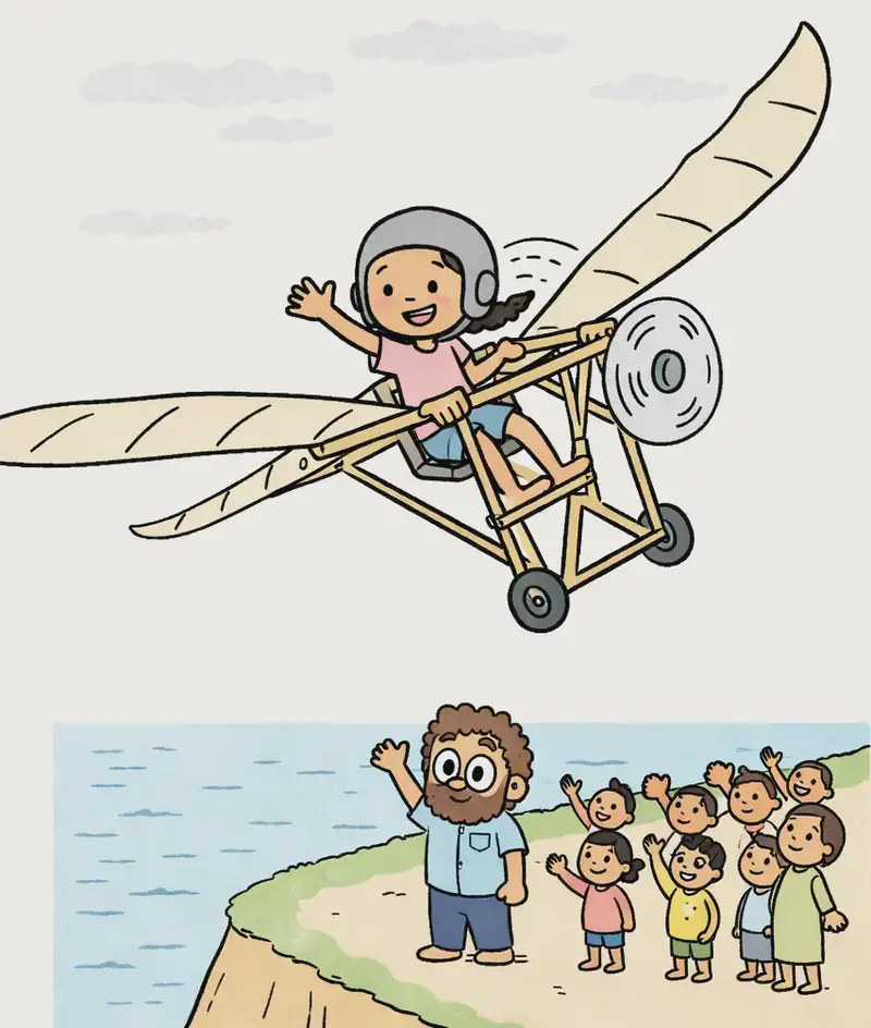 On the right side of the image, Panha sits in the cockpit of a handmade wooden plane with large fabric wings and a propeller, wearing a flight helmet, soaring out over the ocean from a grassy coastal cliff edge. She grips the frame with one hand and looks down with a joyful, excited expression, waving with her other hand. Below on the cliff in the center-right, Dad stands among a crowd of townspeople on a sandy clearing, waving up at Panha as she flies overhead. The scene is outdoors under an overcast sky with the sea stretching to the horizon.