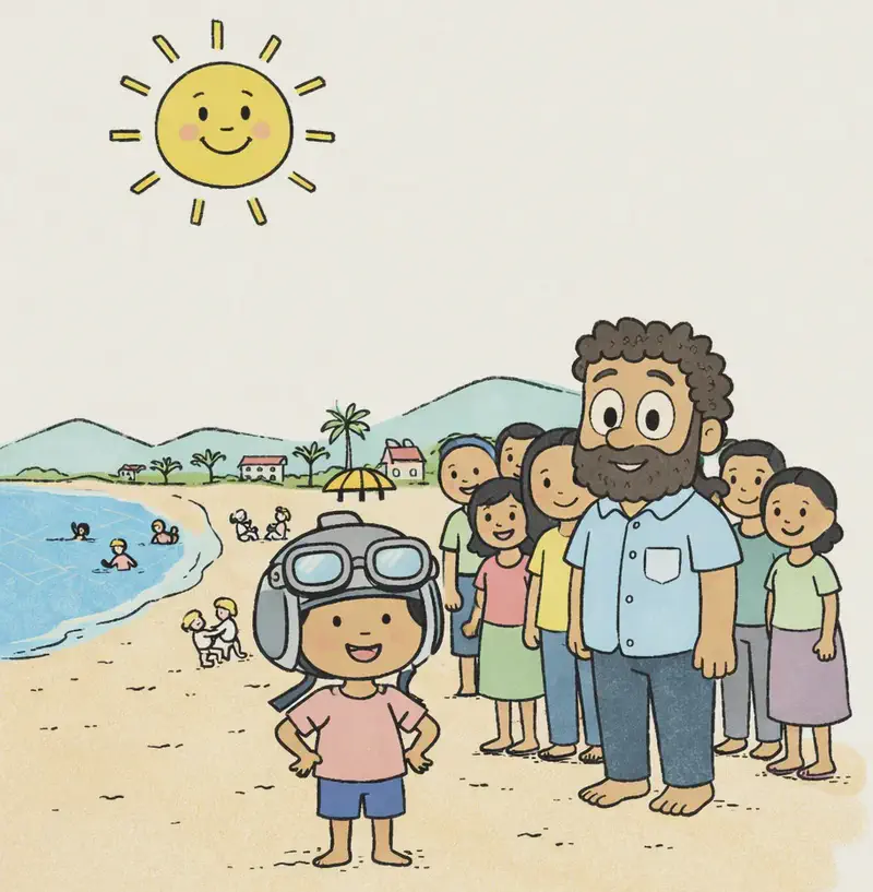 On the left and center of the image, Panha stands in the foreground on a sandy beach wearing a flight helmet, smiling proudly, while Dad stands among a large gathered crowd of townspeople behind her, also smiling. Sun beams down from the upper-left corner with a big, cheerful smile. In the background, people are swimming in the water, children play on the sand, and someone relaxes on a lounge chair under an umbrella, with a suburban neighborhood and green hills visible beyond the beach. The right side of the image is plain background.