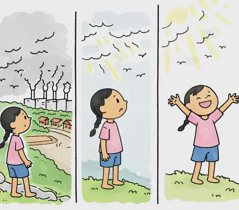 The image is split into three vertical panels. In the left panel, Panha — a girl with a black braided pigtail, pink t-shirt, and blue shorts, barefoot — stands on a rocky, grassy hillside on the left side, seen in profile looking out over a suburban neighborhood below with small red-roofed houses and a winding road, while factories in the distance belch smoke and smog into a gray, overcast sky. In the middle panel, Panha stands on the grass in profile, looking up with a curious, uncertain expression at the gray clouds above, where faint yellow rays of sunlight begin to peek through and small birds fly. In the right panel, Panha stands on the grassy hilltop facing forward, beaming with a wide open-mouthed smile and both arms spread wide, looking up joyfully as bright sunlight breaks through the thinning clouds above. Small birds are visible flying in the lighter sky.
