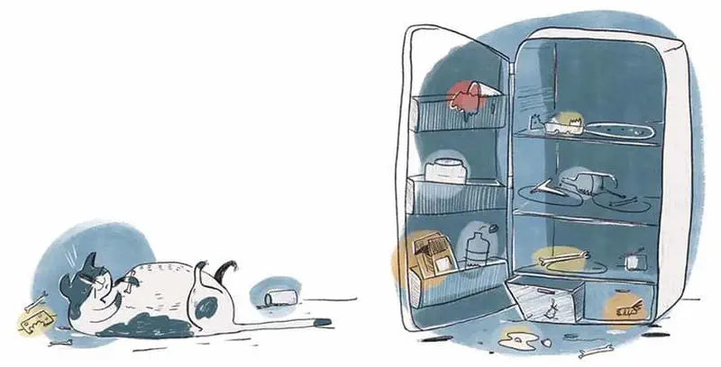 Satisfied cat lies on its back after raiding the open refrigerator, with food scattered on shelves and floor.