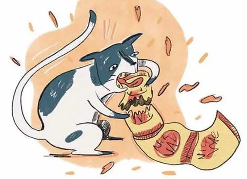 Cat messily devours snacks from a torn bag, with crumbs and pieces flying everywhere.