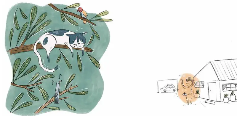 Cat lounges on a tree branch watching birds while a girl waves happily outside her house with a car parked nearby.