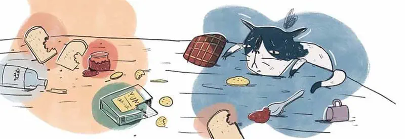 Cat prowls through kitchen mess with spilled jam, crackers, bread, and scattered food items everywhere.