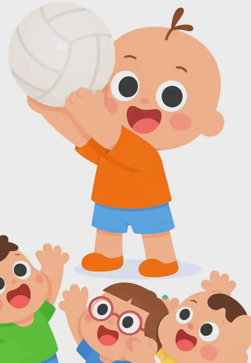 On the right side of the image, Vic holds up a big white volleyball with both hands, presenting it proudly to a group of children below. Along the bottom of the image, several small children look upward with excited, wide-eyed expressions, hands raised eagerly toward the ball. The scene is set against a plain white background, with the left side of the image kept clear.
