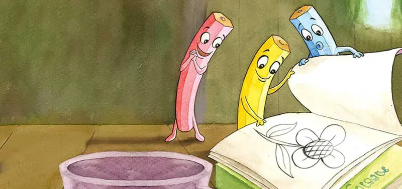 Three cheerful colored pencils with faces look at a sketchbook with a flower drawing next to a purple cup.
