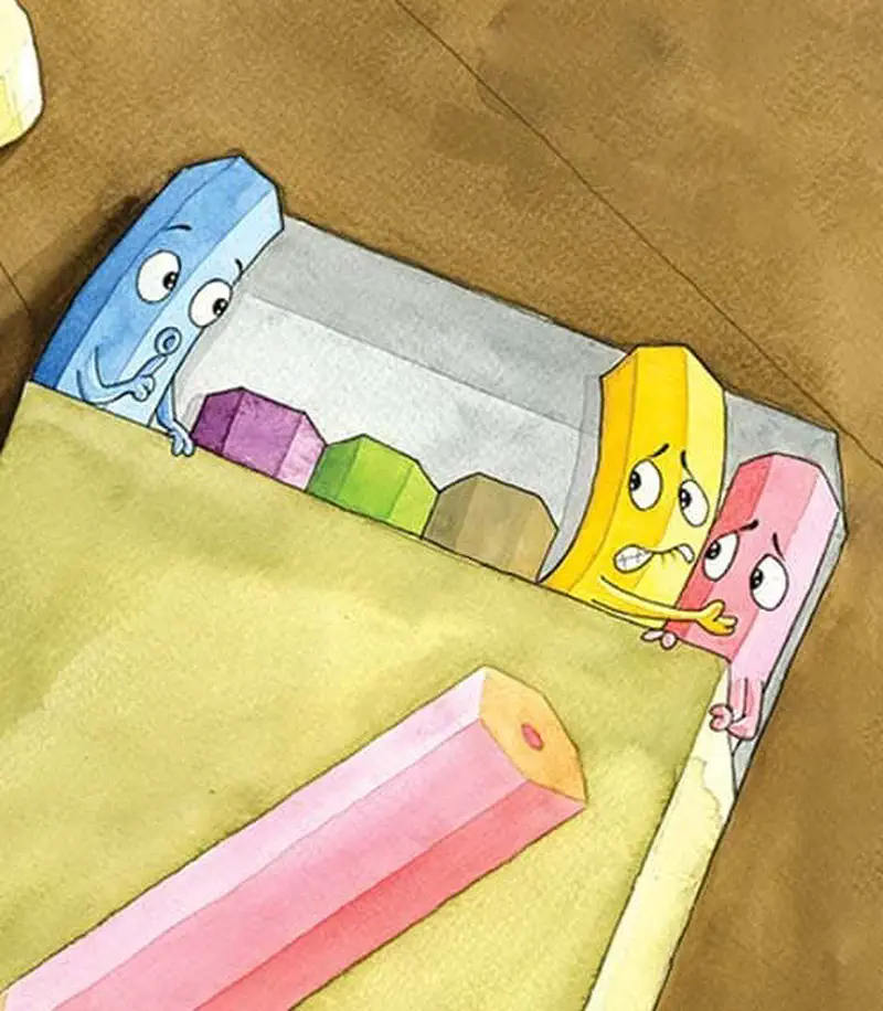Colored pencils with worried faces peek out from a pencil box inside a bag, with pink pencil sticking out.