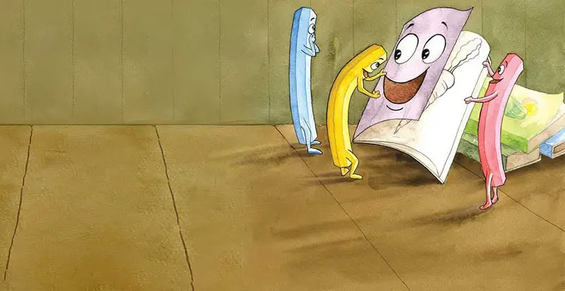 Blue and yellow pencils help carry a happy notebook character while pink pencil follows near stacked books.