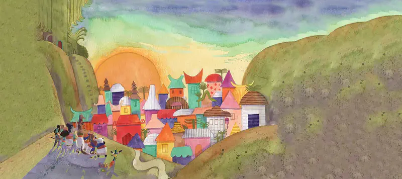 Colorful village nestled between green hills at sunset with whimsical houses and animals walking toward it.