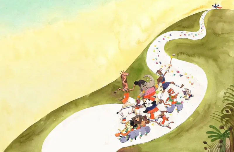 Parade of dressed-up animals follows a winding path with colorful footprints, led by Pep the bird at the top.