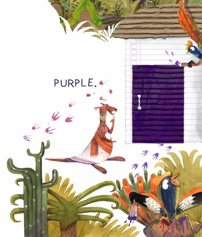 Kangaroo walks past purple door leaving purple footprints while Pep birds watch from roof and plants nearby.
