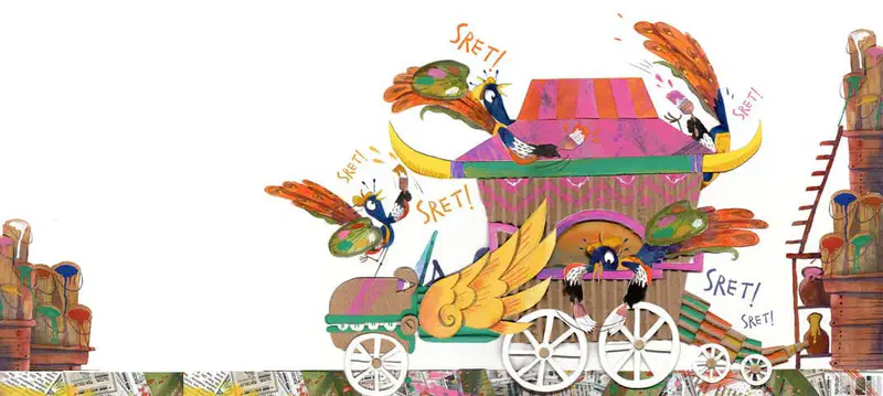 Colorful birds fly around a whimsical pink and purple wagon with wings, all shouting Sret near paint supplies.