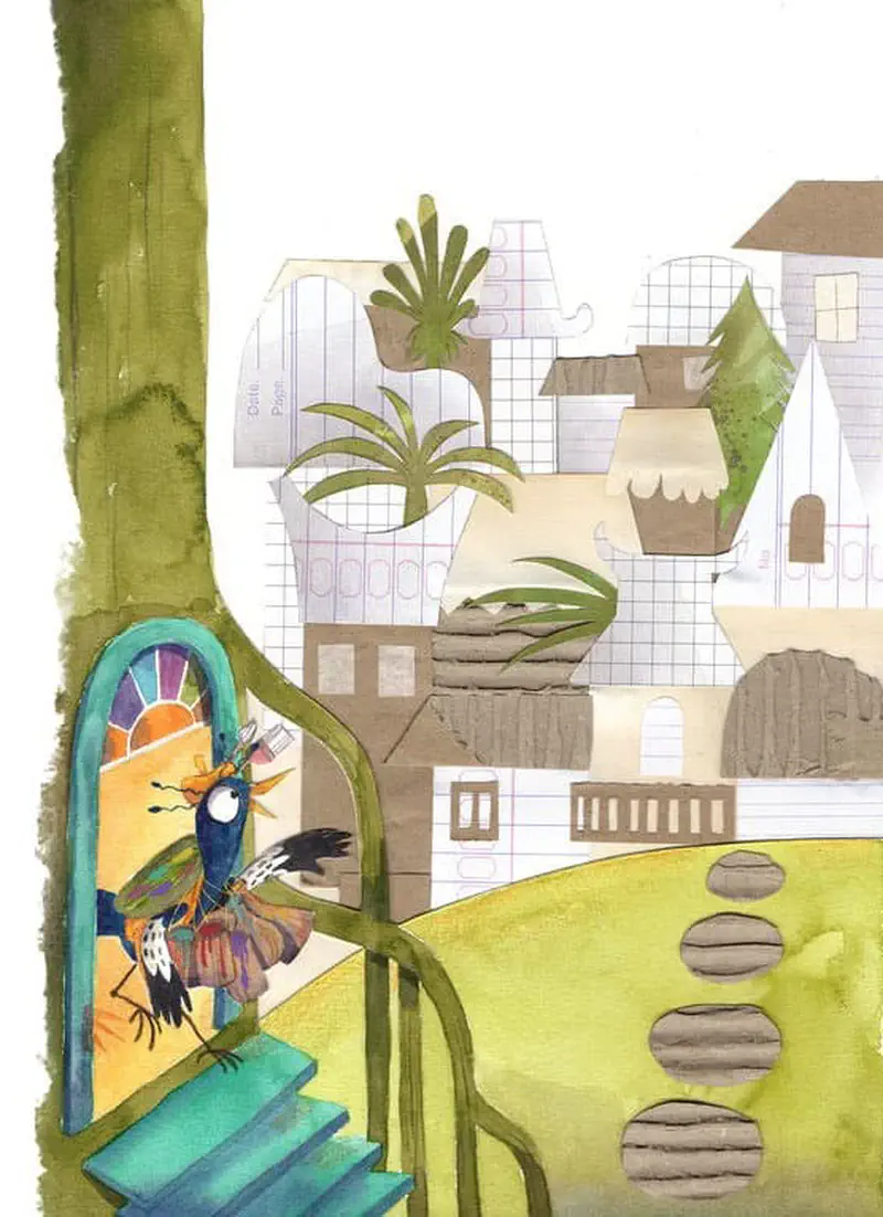 Pep the bird stands in doorway of a tree house looking out at a village with paper-like buildings and stepping stones.