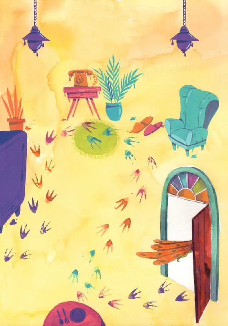 Yellow room with colorful bird footprints everywhere, featuring purple lamps, teal armchair, telephone, and an open door.