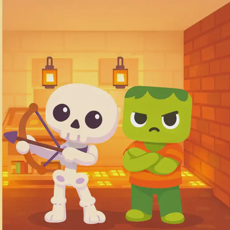 On the right side of the image, Skel and Zom stand together inside a warmly lit brick house. Skel stands slightly in front, facing the viewer with a proud, satisfied expression, his wooden brown bow slung over his shoulder. Zom stands just behind and to the right, also facing forward with a grumpy, displeased expression, arms crossed. The indoor scene features hanging lanterns, a wooden table or shelf with books, brick walls, and glowing floor lights, giving the room a cosy, warm ambiance. The left side of the image is plain background suitable for text overlay.