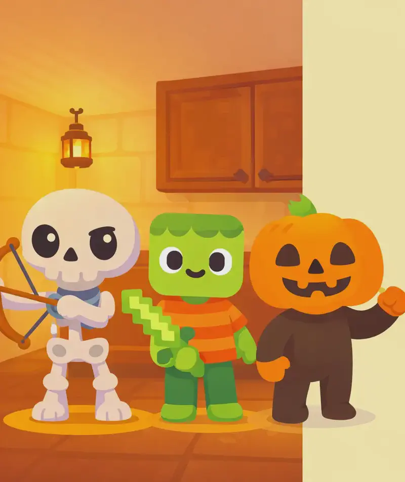 On the left side of the image, Skel stands in the centre facing the viewer with a confident grin, his oversized round cream-white skull and small white dot pupils conveying determination. He holds his wooden brown bow in one hand. To Skel's left, Zom stands with a sheepish but ready expression, wearing his orange-and-red horizontally striped t-shirt and dark green pants, gripping his pixelated light-green sword. To Skel's right, Jack stands with his large orange jack-o'-lantern head and dark brown body suit, one orange mitten-like hand raised in a fist of resolve. All three face the viewer in a united, determined lineup. The scene is set in a warmly lit indoor room with wooden cabinets and a lantern hanging above. The right ~40% of the image is plain pale background with no detail.