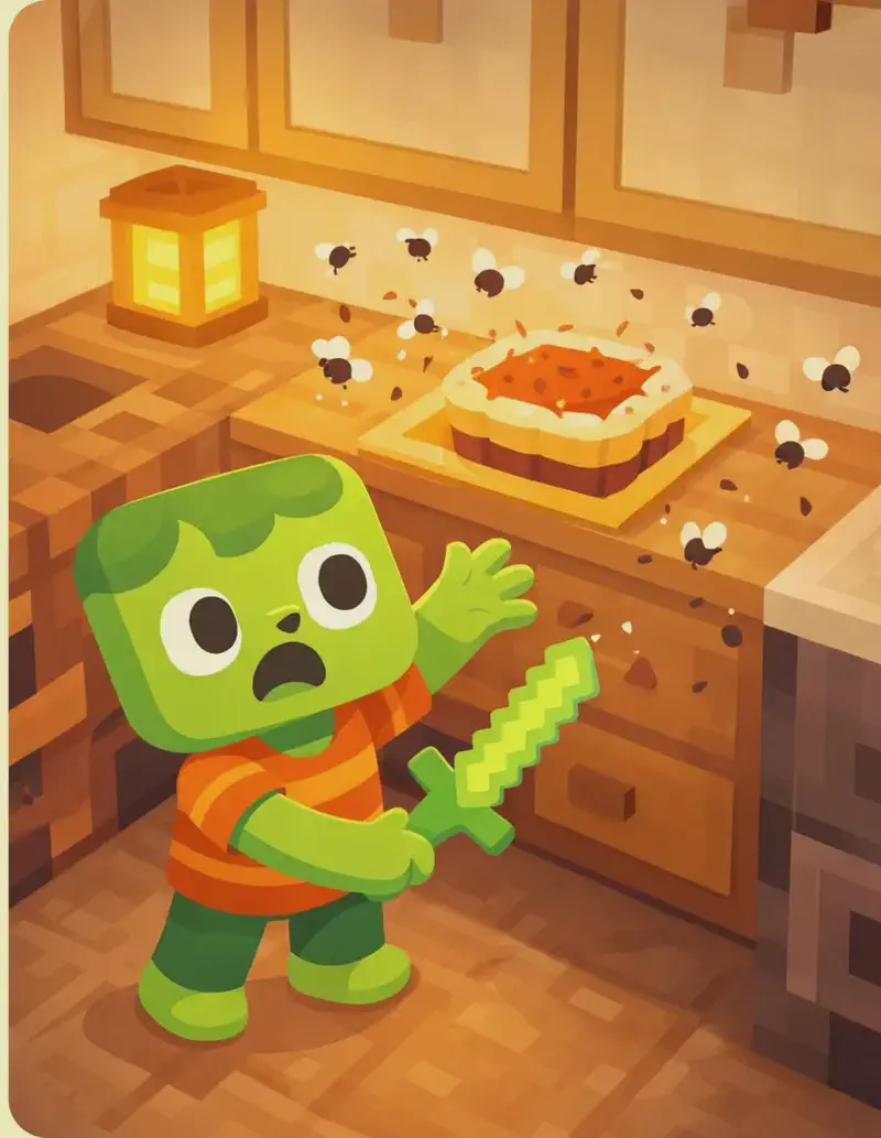 The image is rendered in a Minecraft-style blocky/voxel art style, viewed from a high angle looking down into a kitchen interior. On the right side of the image, Zom is standing on the kitchen floor, reaching toward the counter with an eager but dismayed expression, his light green skin and darker green messy hair visible from above. He wears his orange-and-red horizontally striped t-shirt. The kitchen has wooden cabinets mounted on the walls, a countertop with a pie sitting on it, and a glowing lantern providing warm light. Multiple flies buzz thickly around the pie and the room — small dark buzzing creatures swarming between Zom and his lunch. The scene is set indoors in a cozy, warmly lit kitchen. The left ~40% of the image is plain pale yellow background reserved for text.