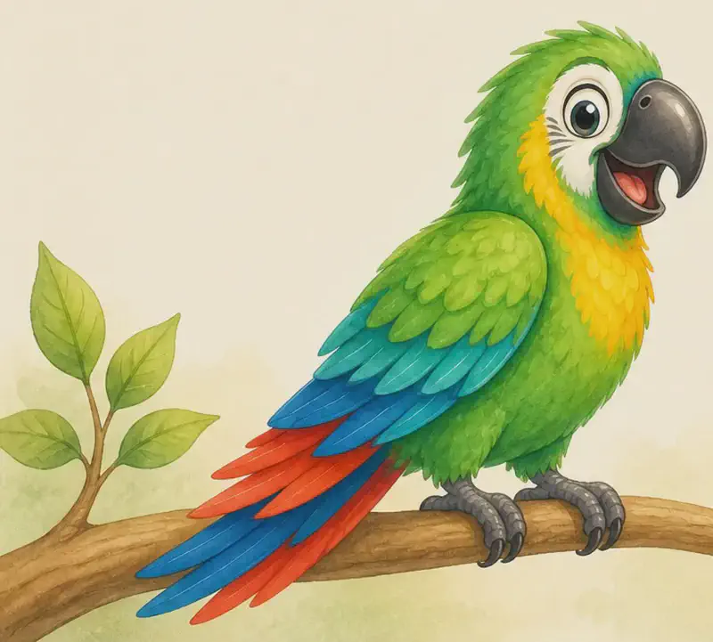Introduce Paco. Show him perched on a branch with his colourful plumage clearly visible and his curved strong beak in profile. Simple background.