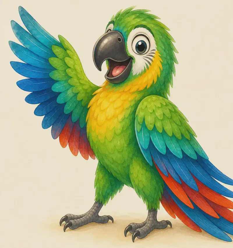 Paco proudly shows off his colourful plumage — wings partly spread to display the bright colours, head held high. Simple background that lets the feathers pop.