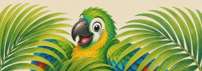 Paco peeking out from between large palm fronds, only part of his body visible. Playful, hiding mood. Palm leaves clearly framing him.