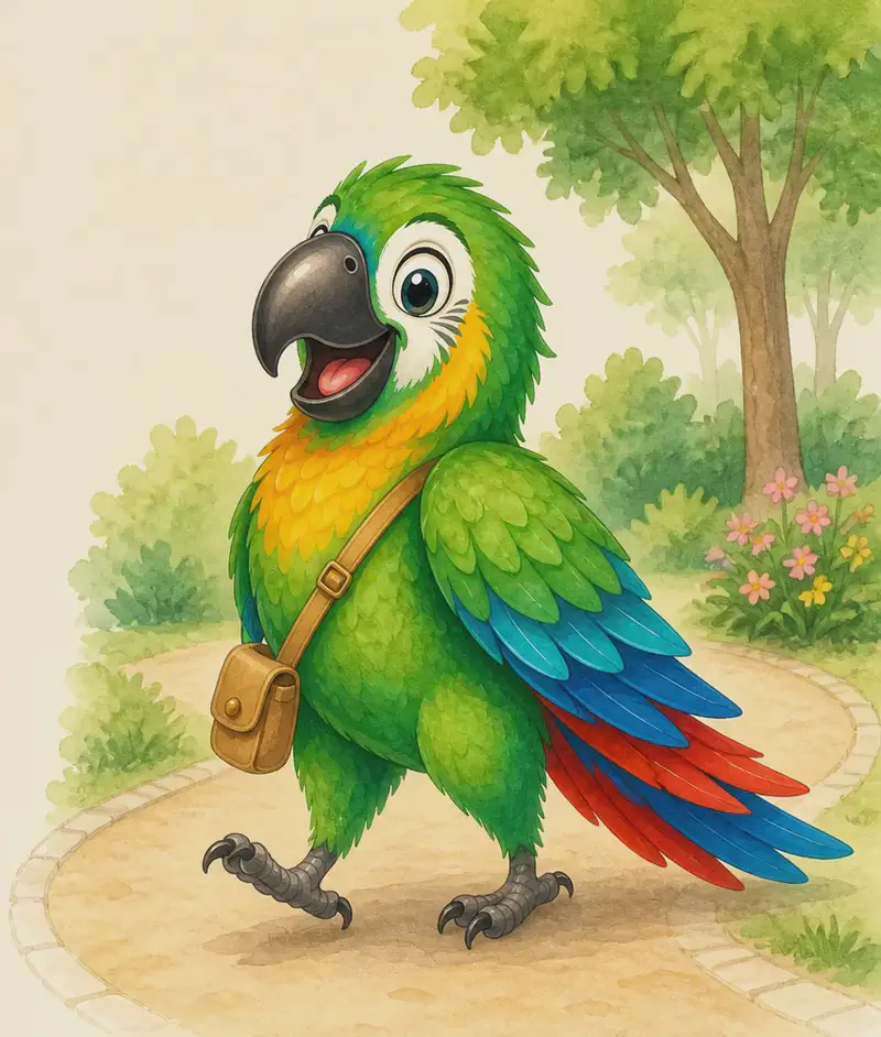 Paco walks along a park path — on the ground with his colourful plumage clearly visible, looking content as he strolls. Simple park setting. Closing-page warm feel.