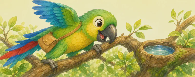 Paco mid-action: climbing along the branch of a leafy tree using his beak and feet, with wings partly extended for balance. A small puddle or shallow water source can sit on a nearby branch knot to nod to the freshwater detail. Mood: agile, capable.