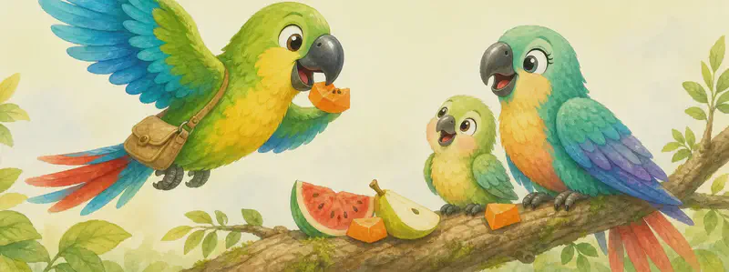 Paco flying toward Paula and Paquito carrying a small piece of orange papaya in his beak. Paula and Paquito wait happily on a nearby branch, looking up at him. Mood: generous, loving family scene.