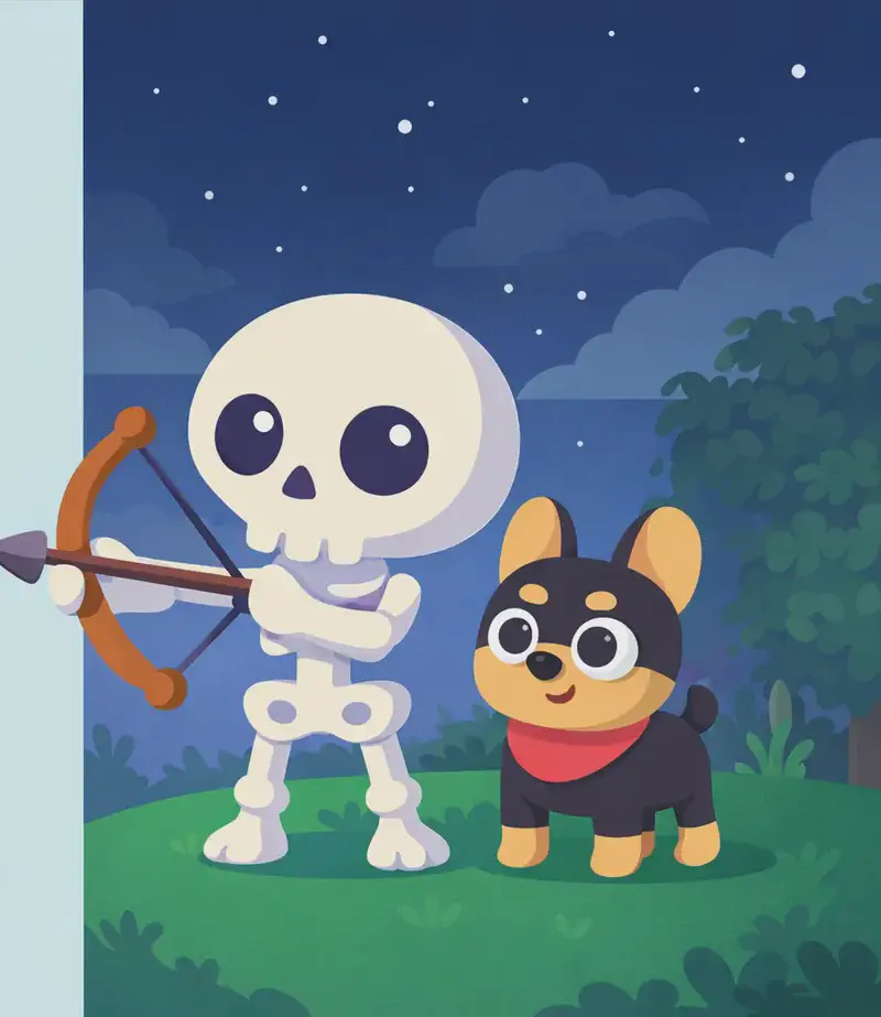 On the right side of the image, Skel and Bones stand together on a grassy hilltop at nighttime under a dark, starry sky with clouds. Skel stands slightly in front and to the left, holding his wooden brown bow drawn with a dark brown arrow nocked, scanning the landscape with a focused, determined expression. Bones stands tall on the right, looking out alertly with a determined expression. The left side of the image is plain background, leaving space for text. Trees and foliage are visible in the background on the far right.