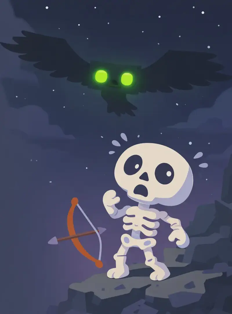 On the right side of the image, Skel stands on jagged rocky terrain at night, looking up in terror with his eye sockets wide and body recoiling, a chill of fear visible in his posture. His wooden brown bow hangs forgotten at his side. In the center-right, a large phantom hovers menacingly above him with wide dark wings spread and glowing green eyes piercing through the gloom. The scene is set outdoors on a dark, cloudy night under a starry sky, creating an eerie and threatening atmosphere.